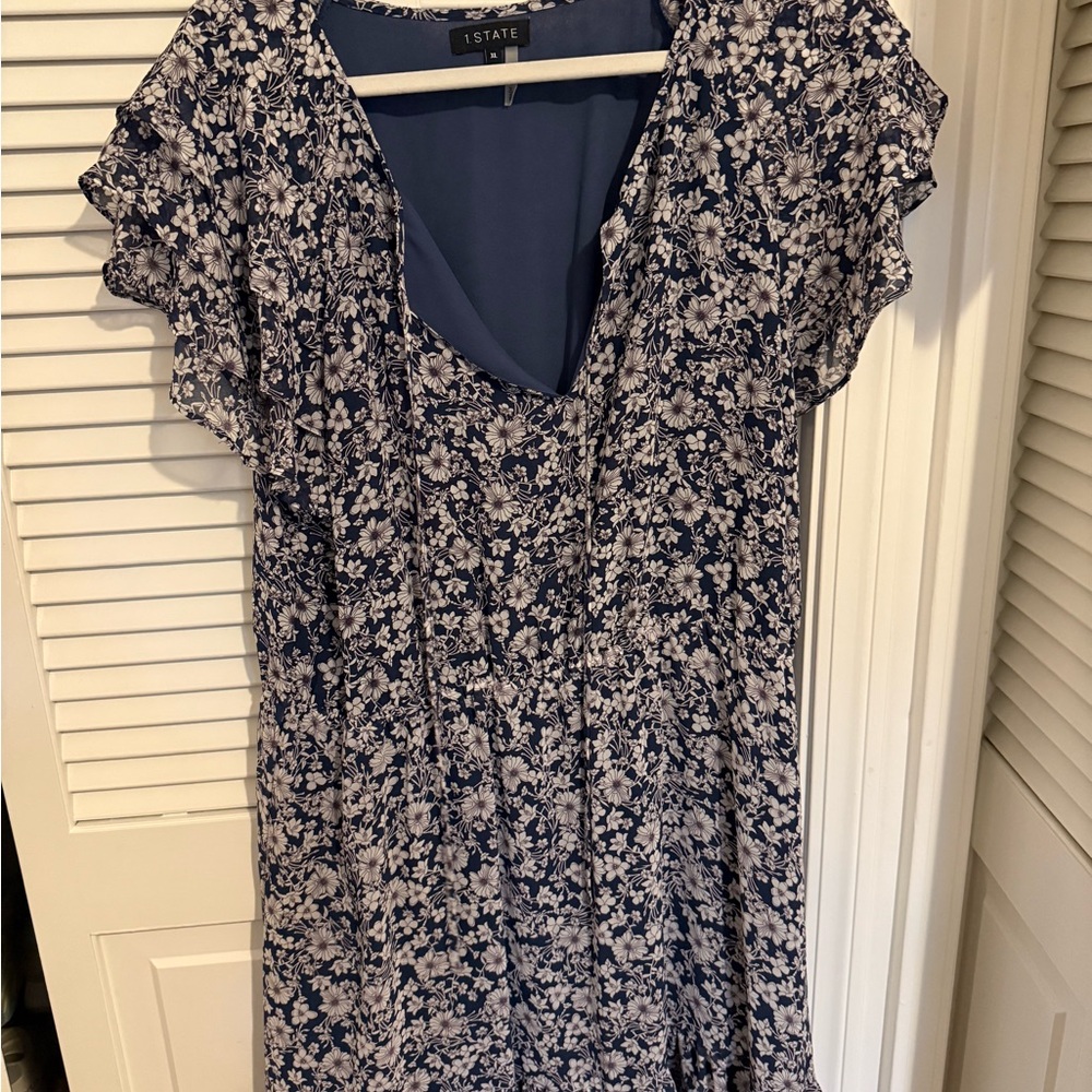 1. State Blue Dress with Floral Trim